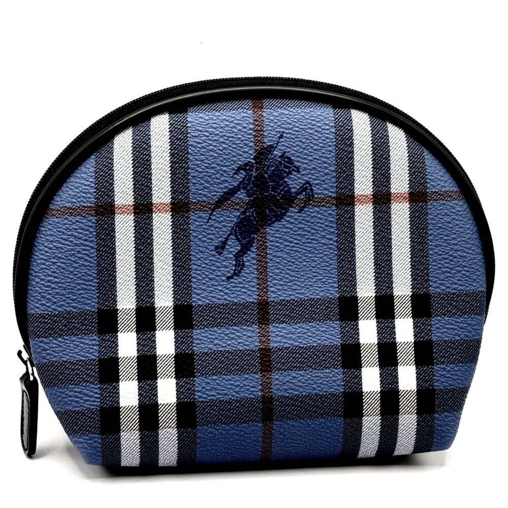 Burberry Vintage Nova Check Plaid Zip Makeup Pouch Bag Blue Authentic